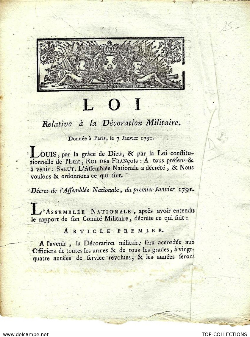 1791  LOI  DECORATION MILITAIRE   AUX DEFENSEURS DE LA PATRIE OU COMMENT RENFORCER L’ ESPRIT PATRIOTIQUE  B.E. V.TEXTE - Decreti & Leggi