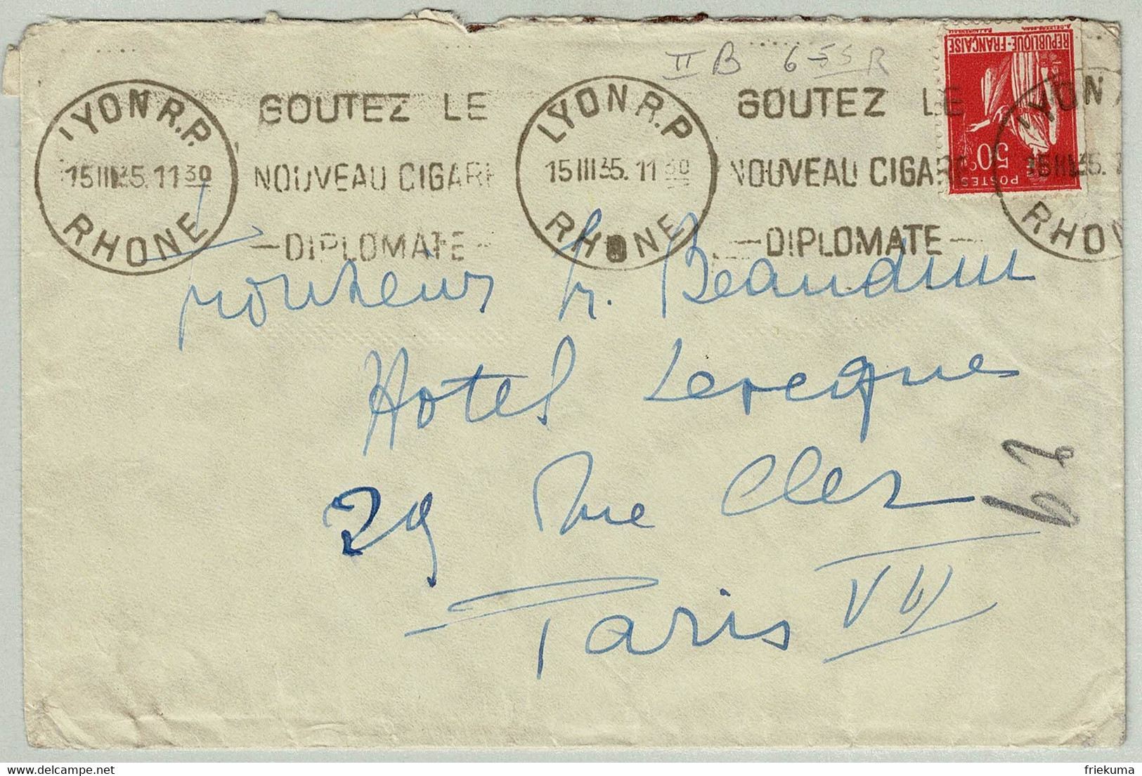 Frankreich / France 1935, Brief Lyon - Paris, Cigare / Zigarren / Cigars, Tabac / Tobacco, Rauchen / Fumer / Smoking - Drugs