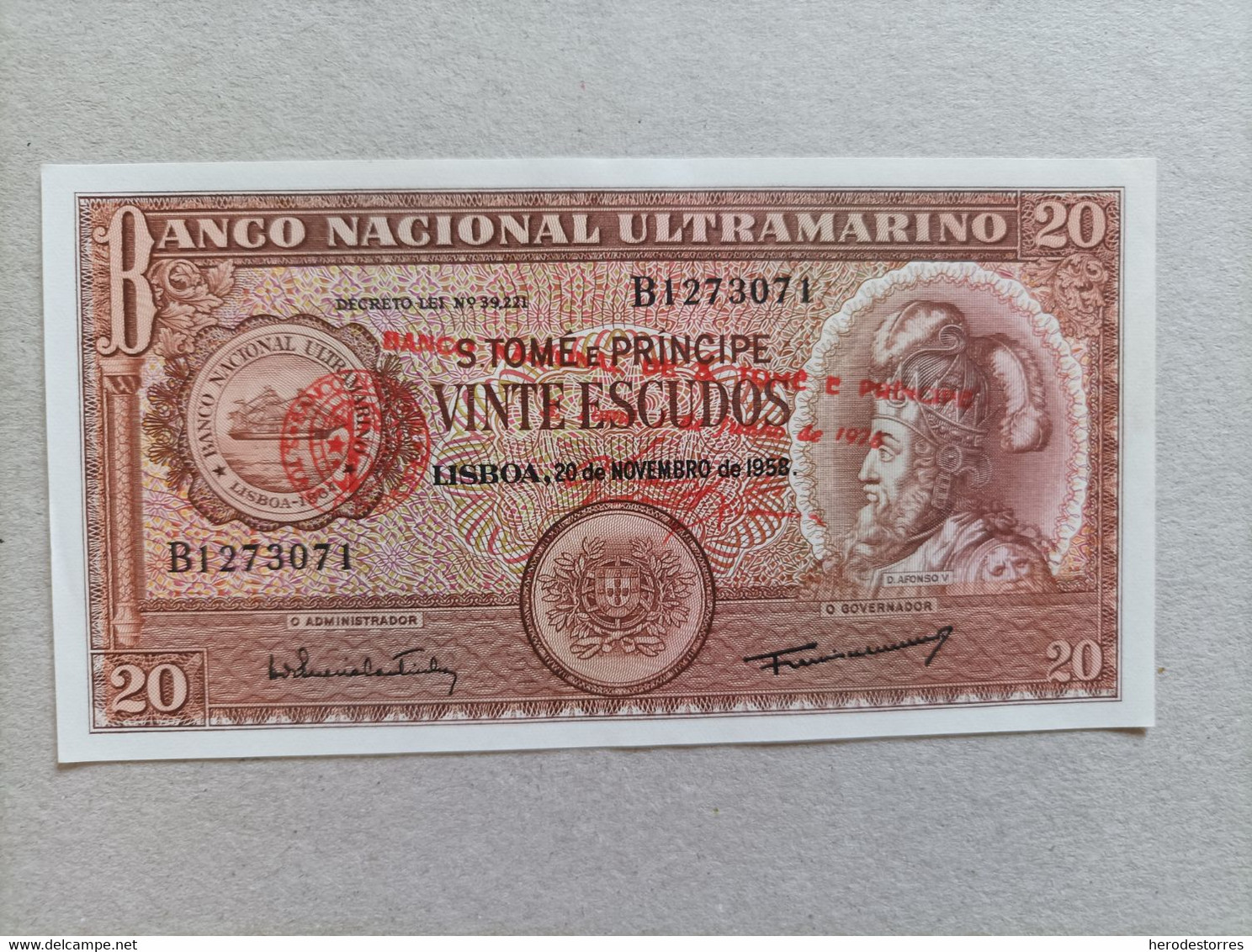 Billete De Santo Tome Y Principe De 20 Escudos, Año 1958, UNC - Sao Tomé Et Principe