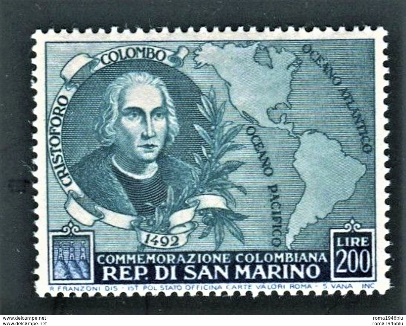 SAN MARINO 1952 COLOMBO 200 L. ** MNH CENTRATO - Unused Stamps