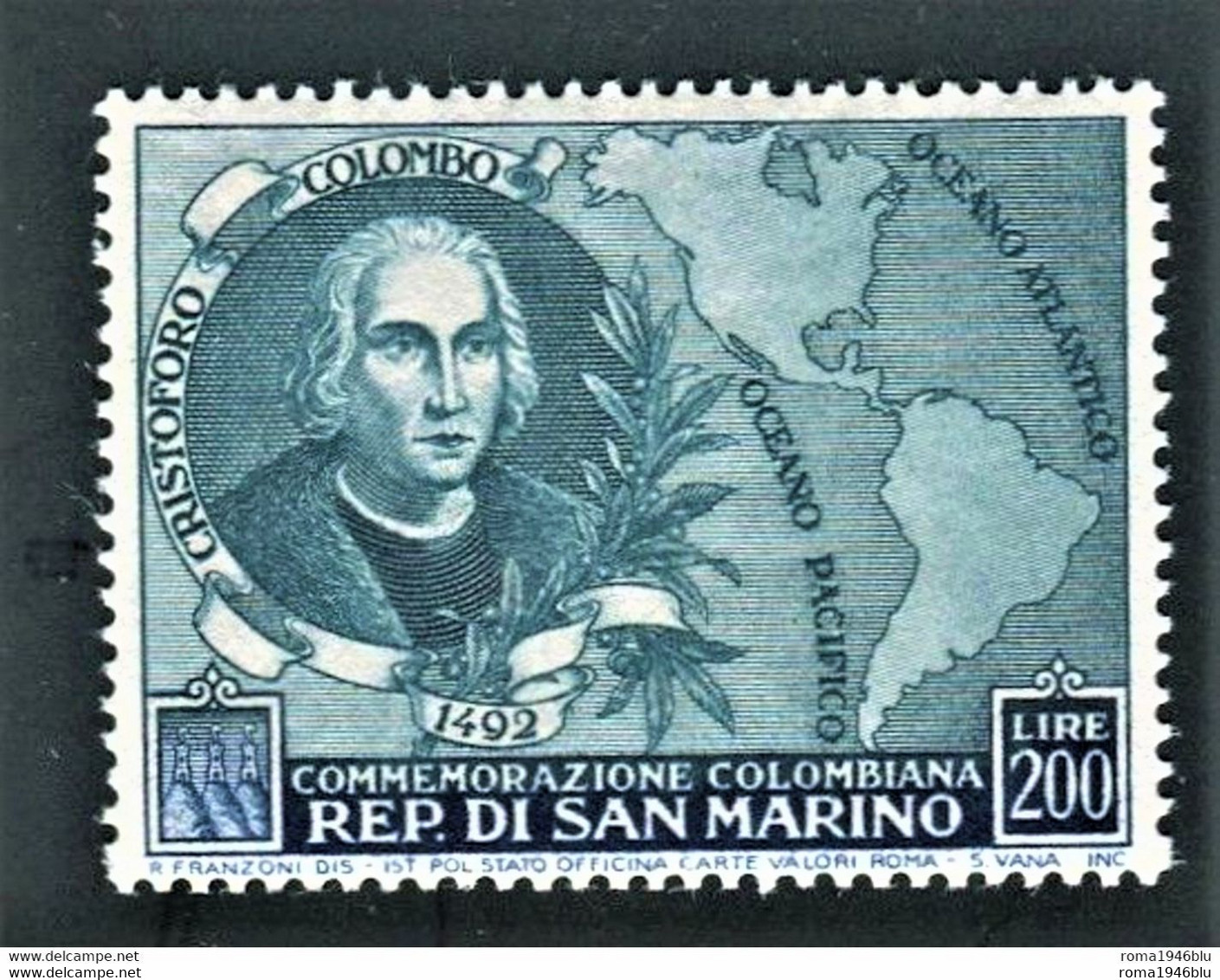 SAN MARINO 1952 COLOMBO 200 L. ** MNH CENTRATO - Neufs