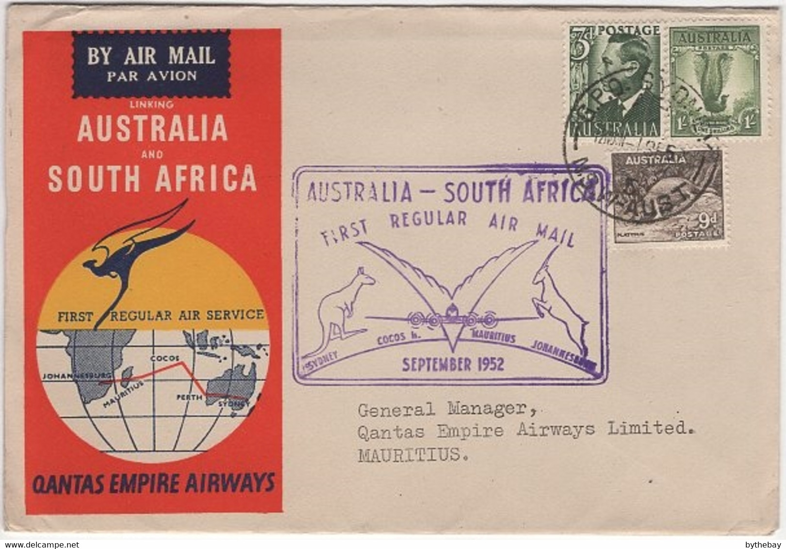 Australia To Mauritius 1952 Australia-Coco Is-Mauritius-South Africa Flight - First Flight Covers