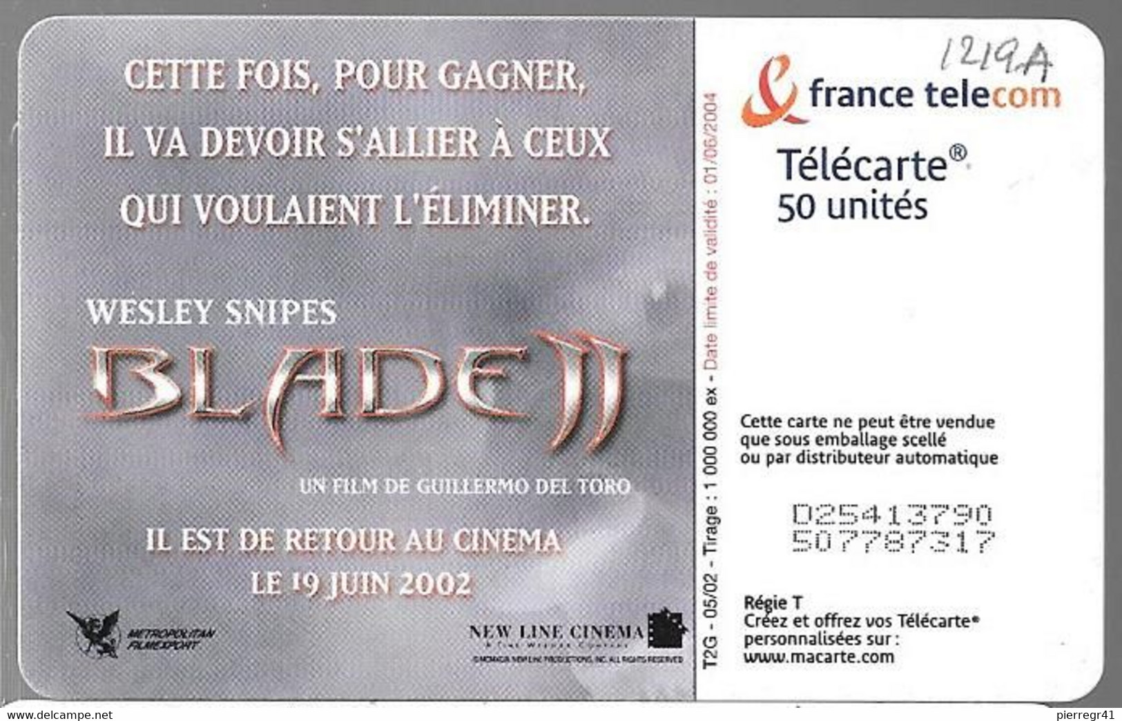 CARTE-PUBLIC-50U-F1219A-OB2-05/02-N°Maigre-BLADE 2-UTILISE-TBE- - 2002