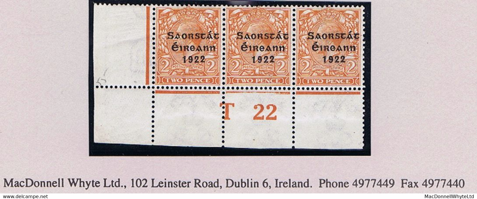 Ireland 1922-23 Thom Saorstat 2d Die 2 Control T22 Perf Corner Strip Of 3 Mint Unmounted, Overprint Plate 2, - Covers & Documents