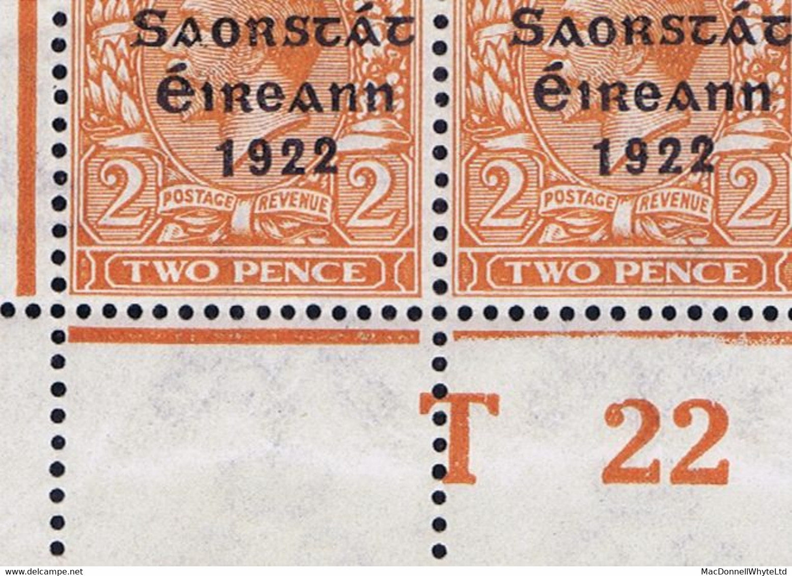 Ireland 1922-23 Thom Saorstat 2d Die 2 Control T22 Perf Corner Strip Of 3 Mint Unmounted, Overprint Plate 2, - Brieven En Documenten