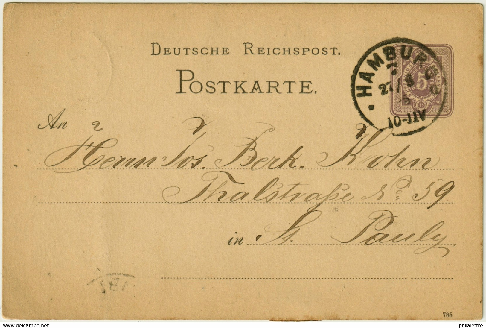 ALLEMAGNE / DEUTSCHLAND - 1885 KLAUCKE-Stempel "HAMBURG *7a" Nr.74 Auf 5p GS Postkarte - Cartas & Documentos