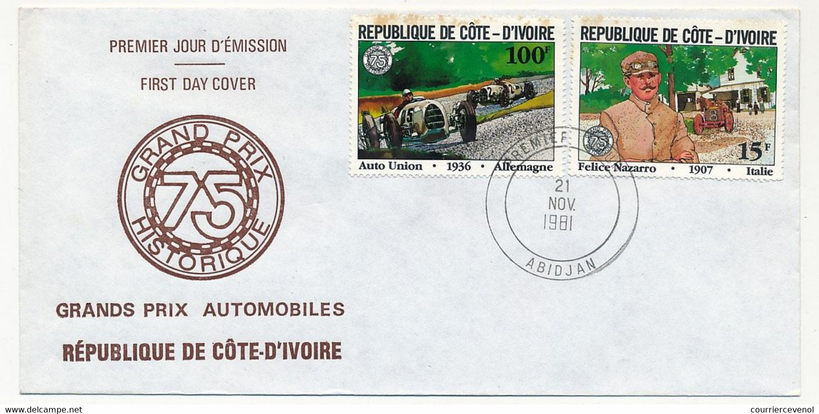 CÔTE D'IVOIRE - 3 Env FDC - 5 Val  Grands Prix Automobiles - 21 Novembre 1981 - Abidjan - Ivory Coast (1960-...)