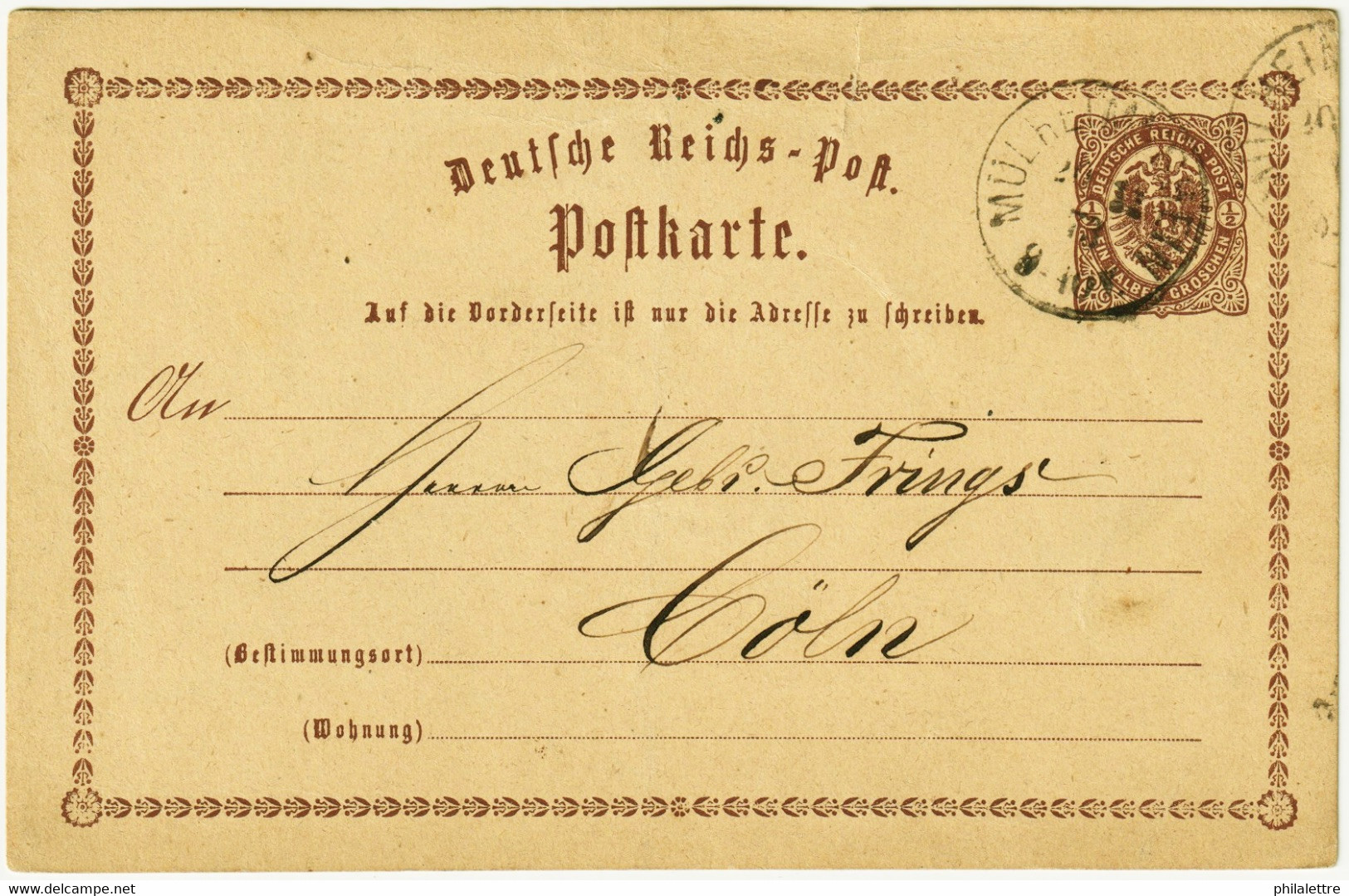 ALLEMAGNE / DEUTSCHLAND - 1873 Einkreisstempel "MÜLHEIM A/RHEIN" Auf 1/2Gr. GS Postkarte (a) - Brieven En Documenten