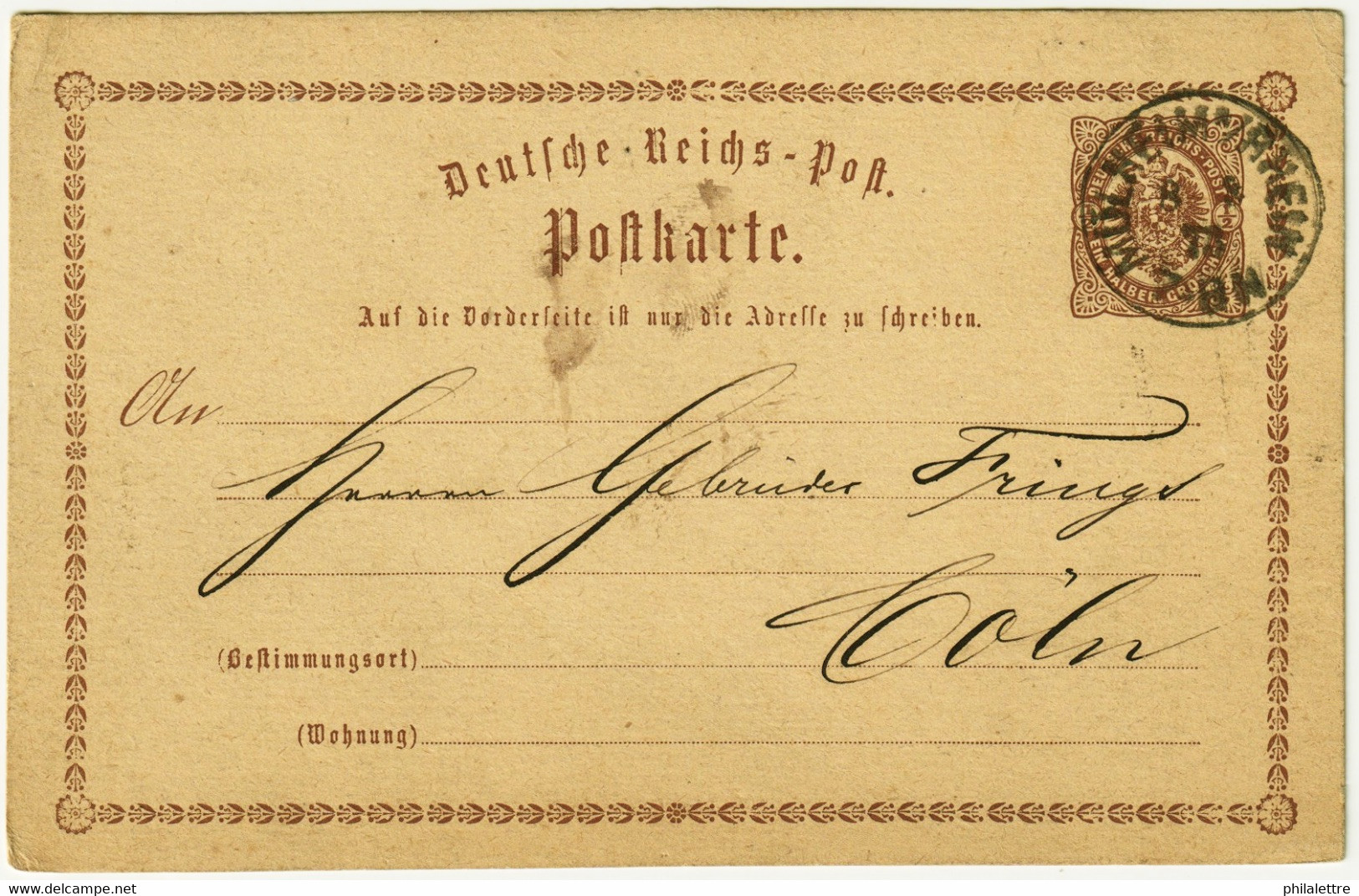 ALLEMAGNE / DEUTSCHLAND - 1873 Einkreisstempel "MÜLHEIM A/RHEIN" Auf 1/2Gr. GS Postkarte (b) - Brieven En Documenten