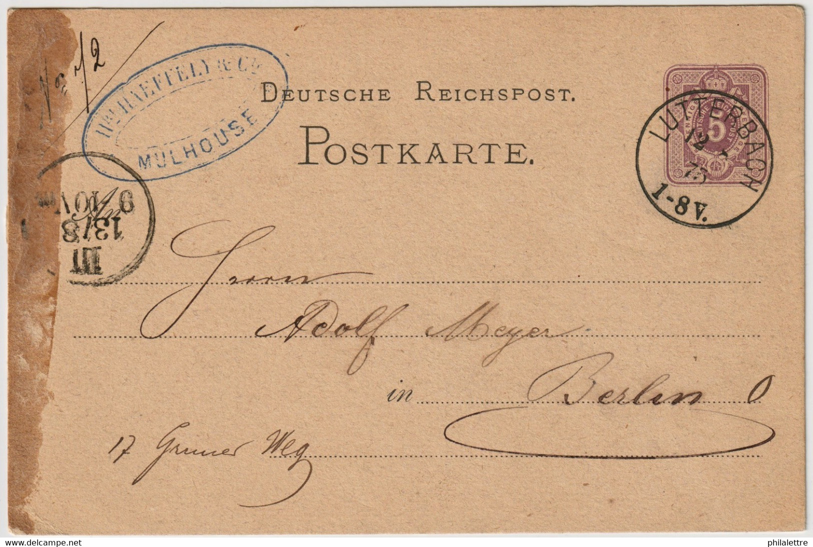 ALLEMAGNE / DEUTSCHLAND - 1875 Einkreisstempel "LUTTERBACH" Auf 5p GS Postkarte (ALSACE / ELSASS / Frankreich) - Lettres & Documents