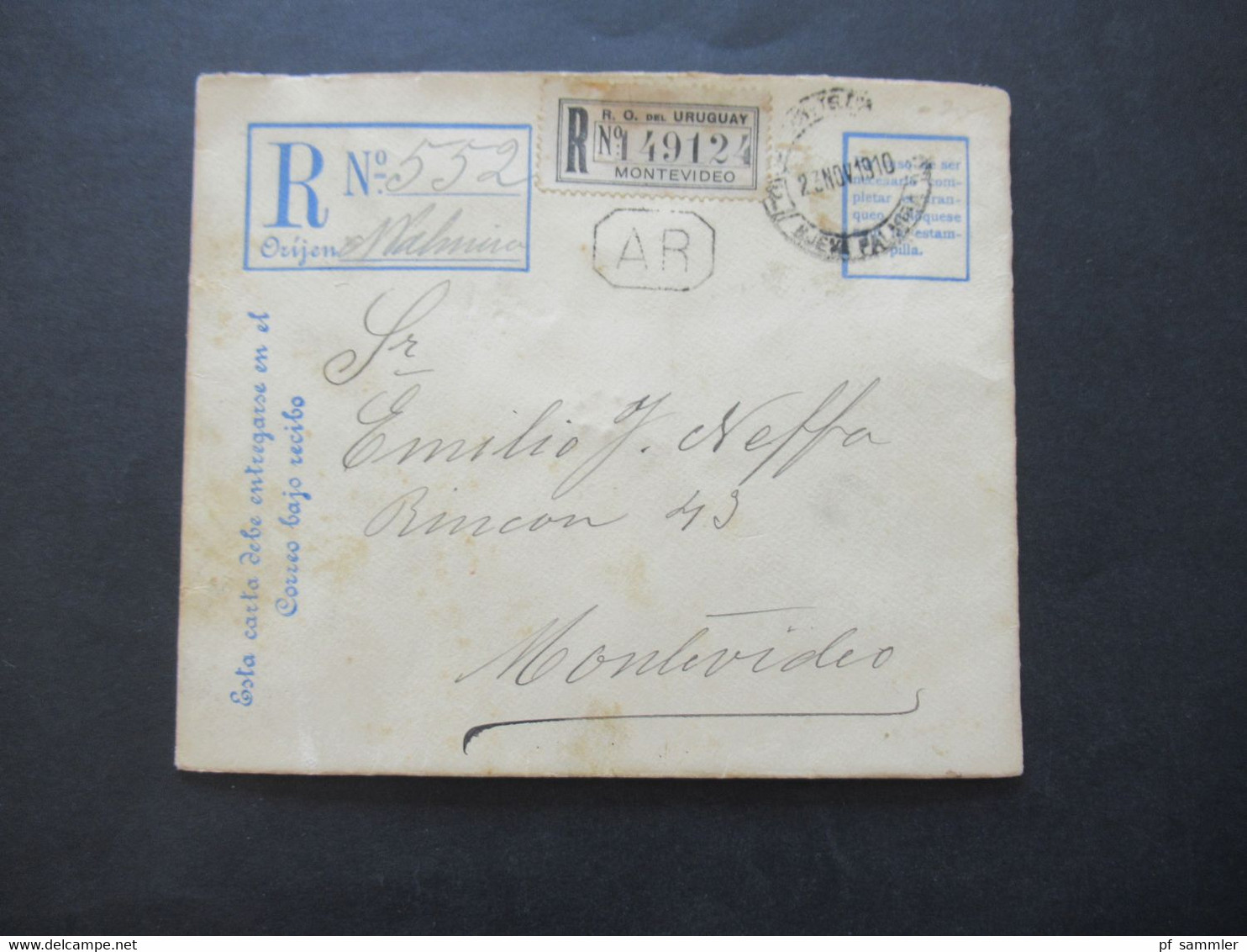 Uruguay 23.11.1910 Registered Letter / Einschreiben Nach Montevideo Mit Stempel AR - Uruguay