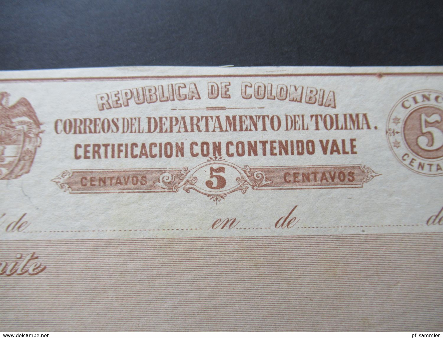 Kolumbien Republica De Colombia Correos Del Departamento Del Tolima Certificacio Con Contenido Vale Cinco Centavos - Colombia