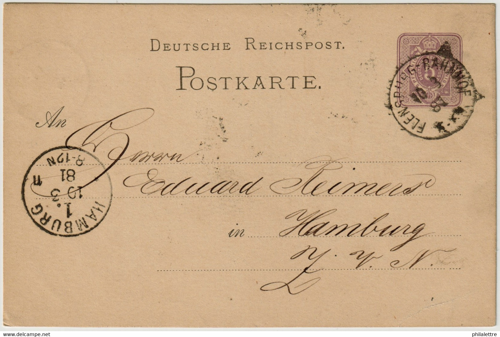 ALLEMAGNE / DEUTSCHLAND - 1881 Einkreisstempel "FLENSBURG-BAHNHOF" Auf 5p GS Postkarte - Covers & Documents