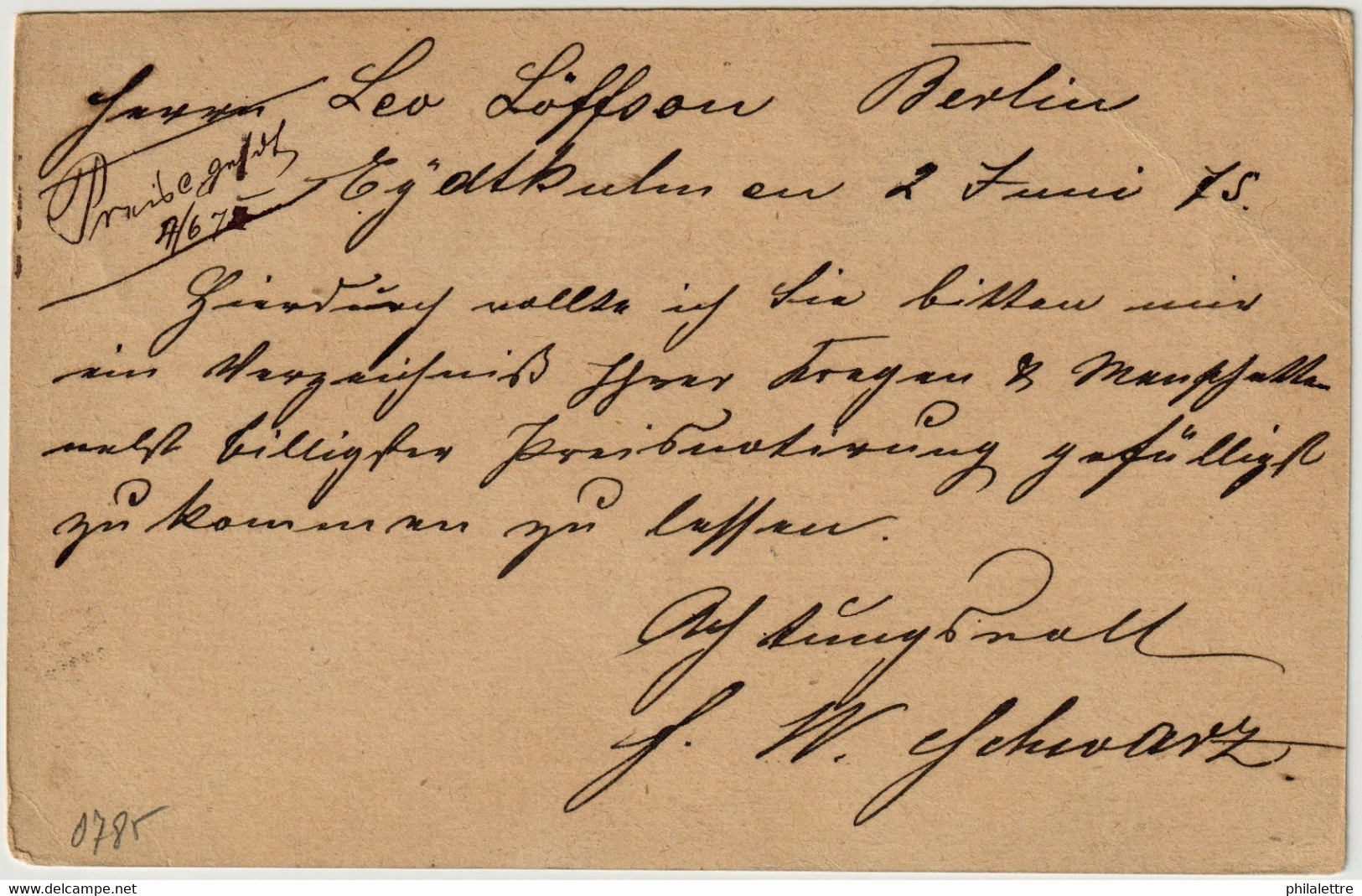 ALLEMAGNE / DEUTSCHLAND - 1875 Einkreisstempel "EYDTKUHNEN" Auf 5p GS Postkarte / CHERNYSHEVSKOE, Russland - Cartas & Documentos