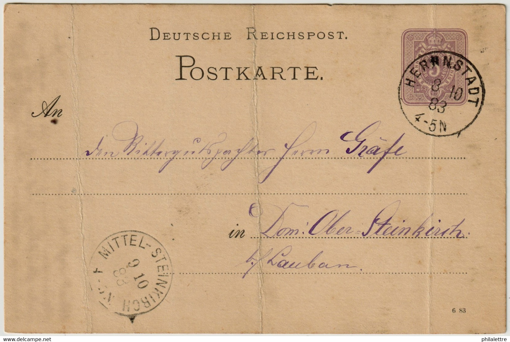 ALLEMAGNE / DEUTSCHLAND - 1883 Einkreisstempel "HERRNSTADT" Auf 5p GS Postkarte / WĄSOSZ, POLEN - Covers & Documents