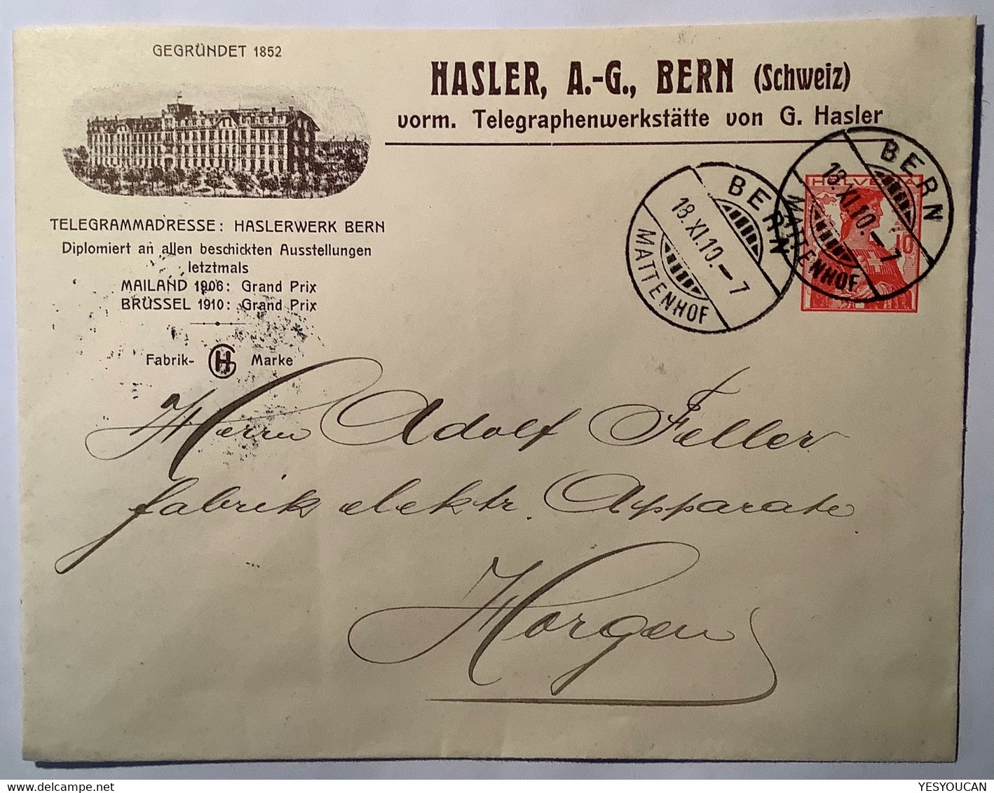 Privatganzsache: Hasler Bern Telegraphen Werk 1910 Helvetia Umschlag (telegraph Telegraphie Schweiz Postal Stationery - Stamped Stationery