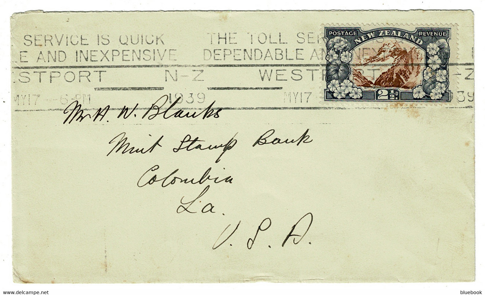 Ref 1553 -  1939 New Zealand Cover 2 1/2d Rate Westport To USA - Good Slogan Postmark - Covers & Documents