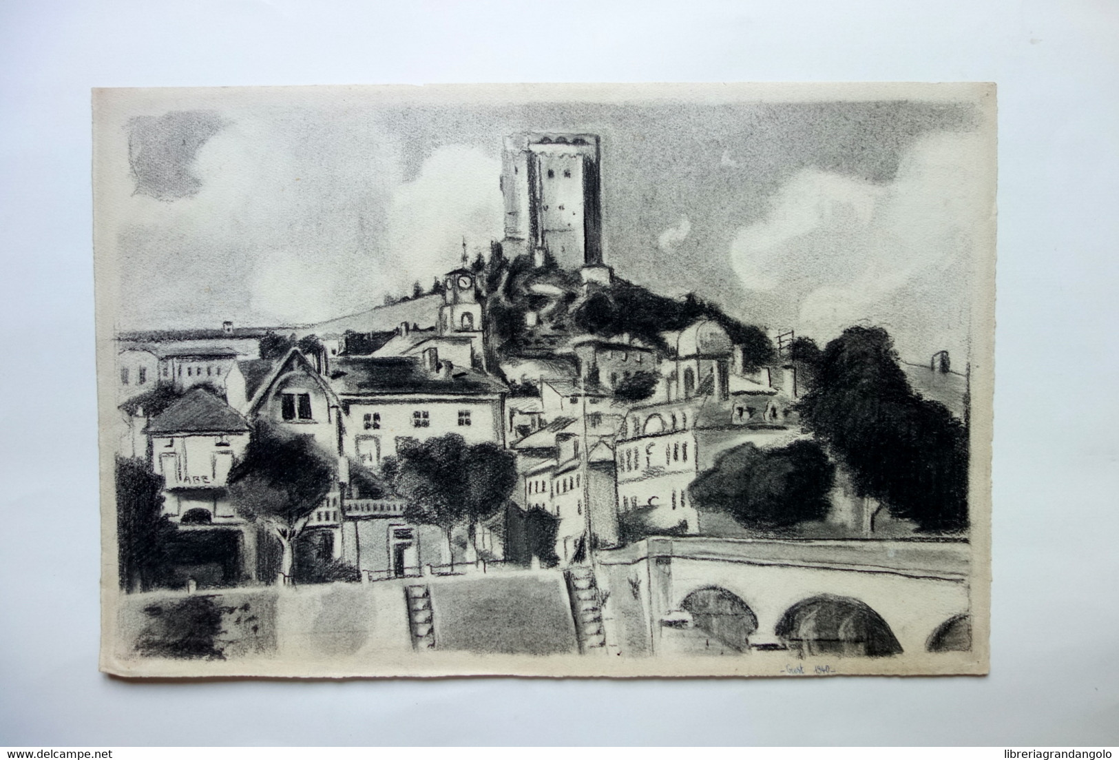 Disegno Originale Grest Veduta Cittadina 1940 Cartoncino Non Firmato - Dessins