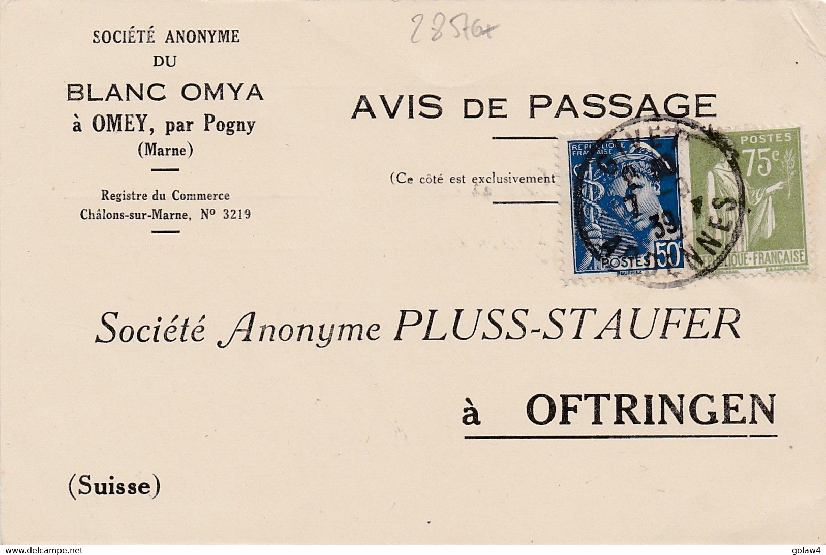 28576# MERCURE + PAIX CARTE OMEY Par POGNY MARNE Obl GIVET ARDENNES 6 Septembre 1939 Pour OFTRINGEN SUISSE - 1921-1960: Modern Period