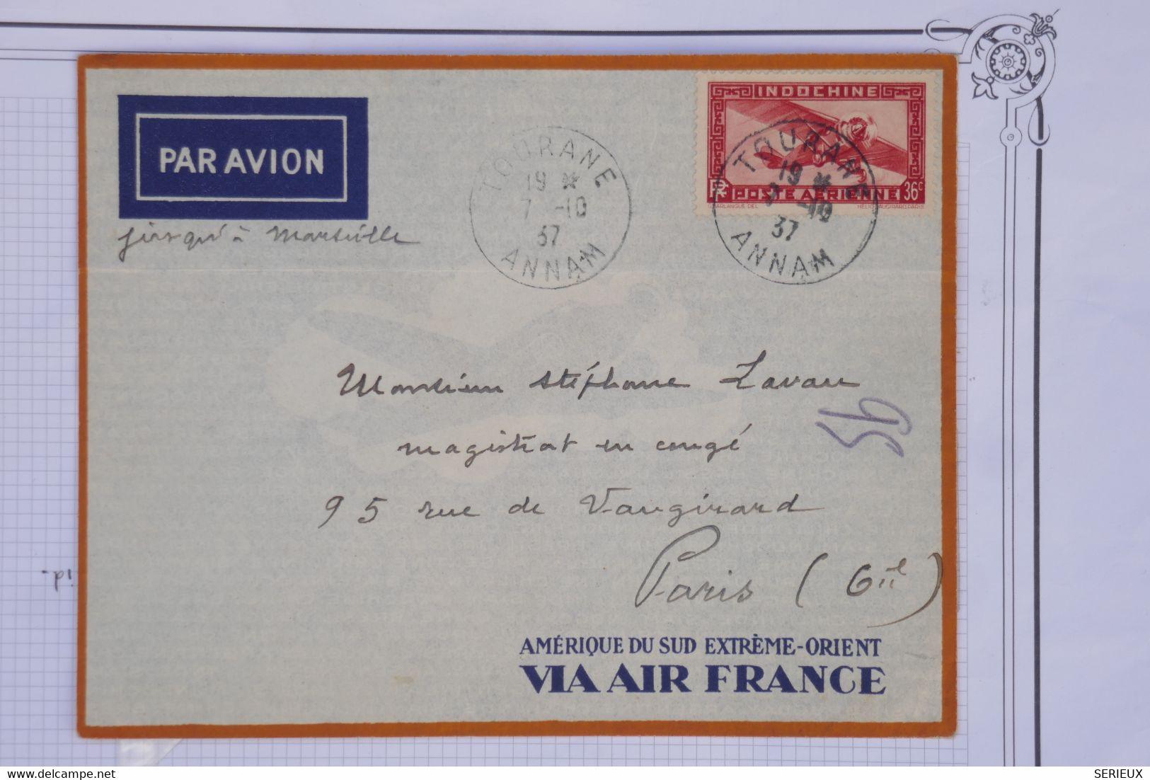 AW8 INDOCHINE   BELLE  LETTRE 1937  PETIT BUREAU  TOURANE  A  PARIS  FRANCE  +  +AFFRANCHIS. PLAISANT. - Poste Aérienne