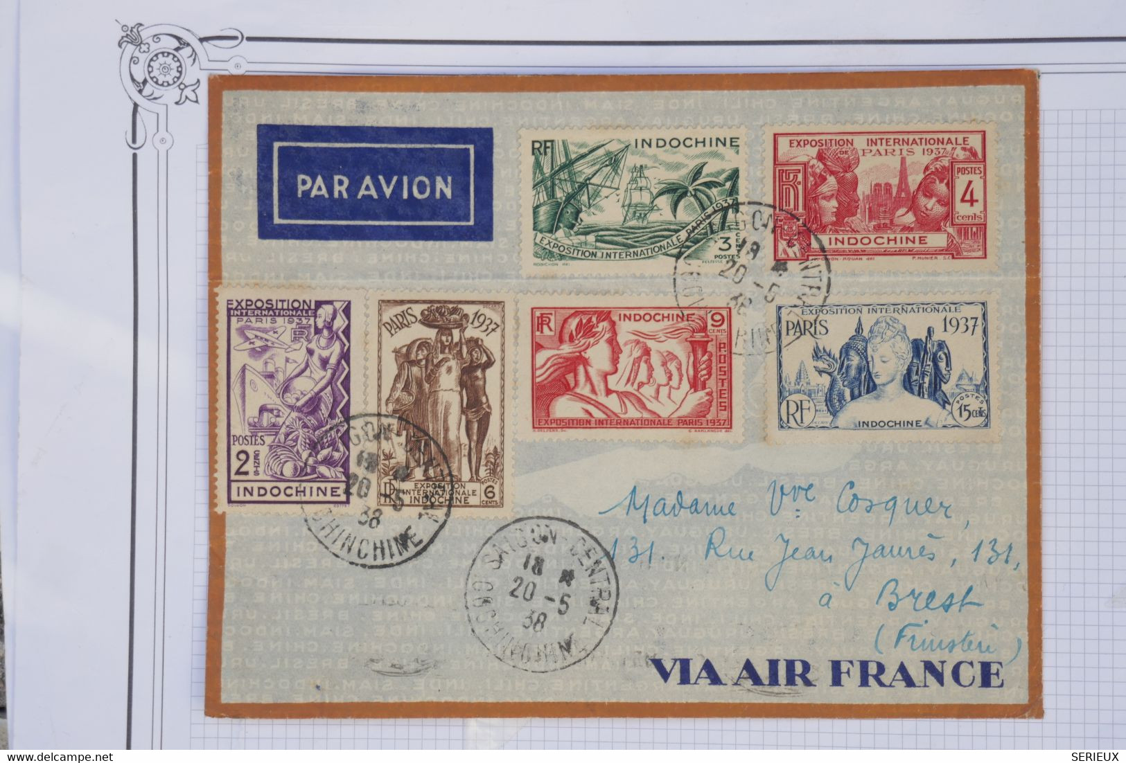 AW8 INDOCHINE   BELLE  LETTRE 1938 SAIGON  A  BREST   FRANCE  +  +AFFRANCHIS. PLAISANT. - Luftpost