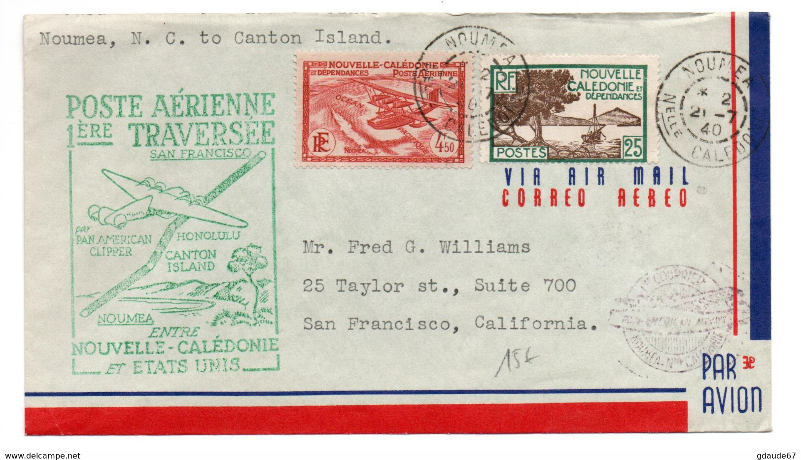 1940 - ENVELOPPE POSTE AERIENNE 1ere PREMIERE TRAVERSEE ENTRE NOUMEA (NOUVELLE CALEDONIE) ET ETATS UNIS - Brieven En Documenten