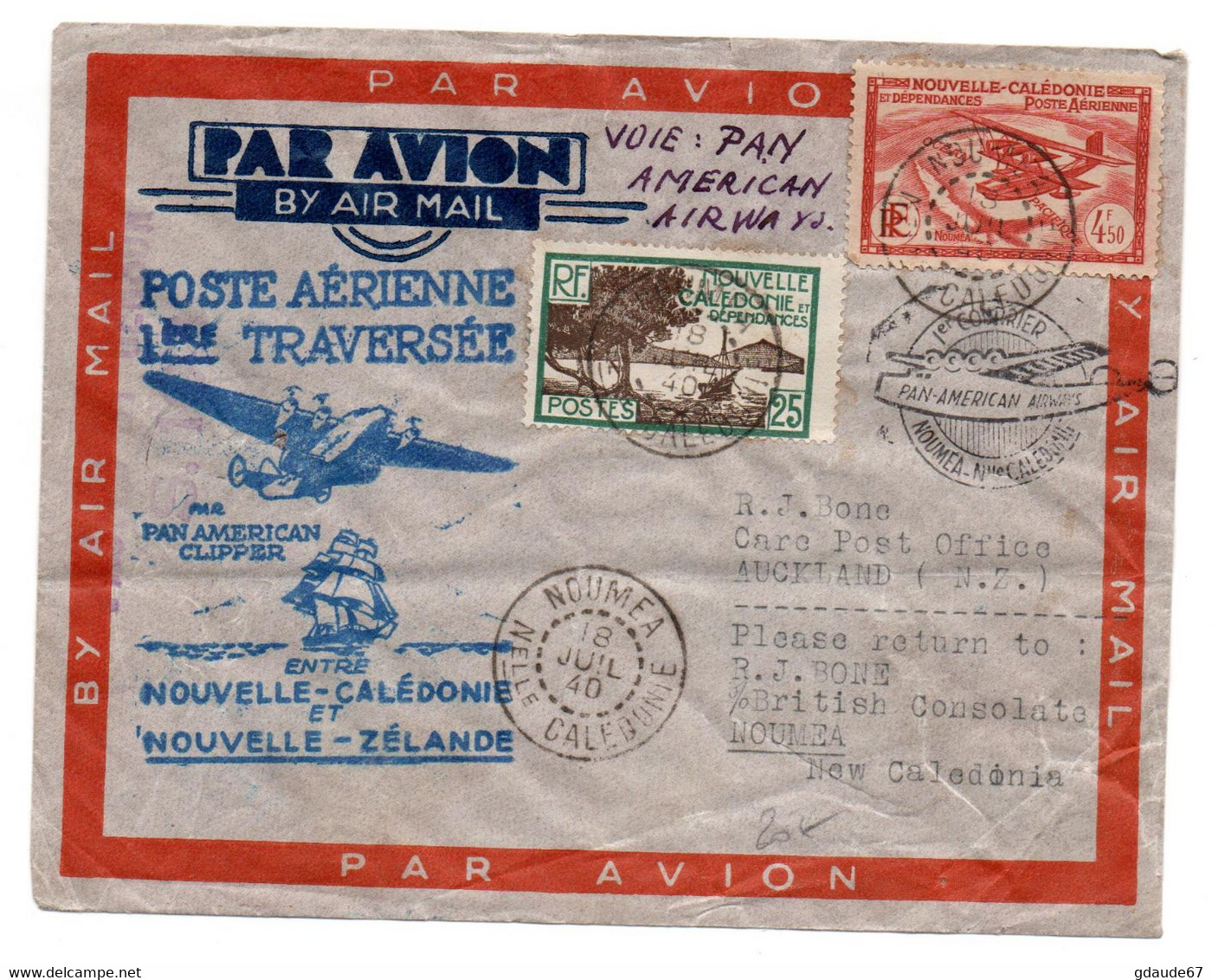 1940 - ENVELOPPE POSTE AERIENNE 1ere PREMIERE TRAVERSEE ENTRE NOUVELLE CALEDONIE ET NOUVELLE ZELANDE - TàD NOUMEA - Brieven En Documenten