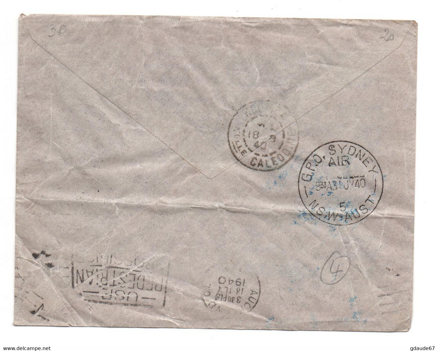 1940 - ENVELOPPE POSTE AERIENNE 1ere PREMIERE TRAVERSEE ENTRE NOUVELLE CALEDONIE ET NOUVELLE ZELANDE - TàD NOUMEA - Lettres & Documents