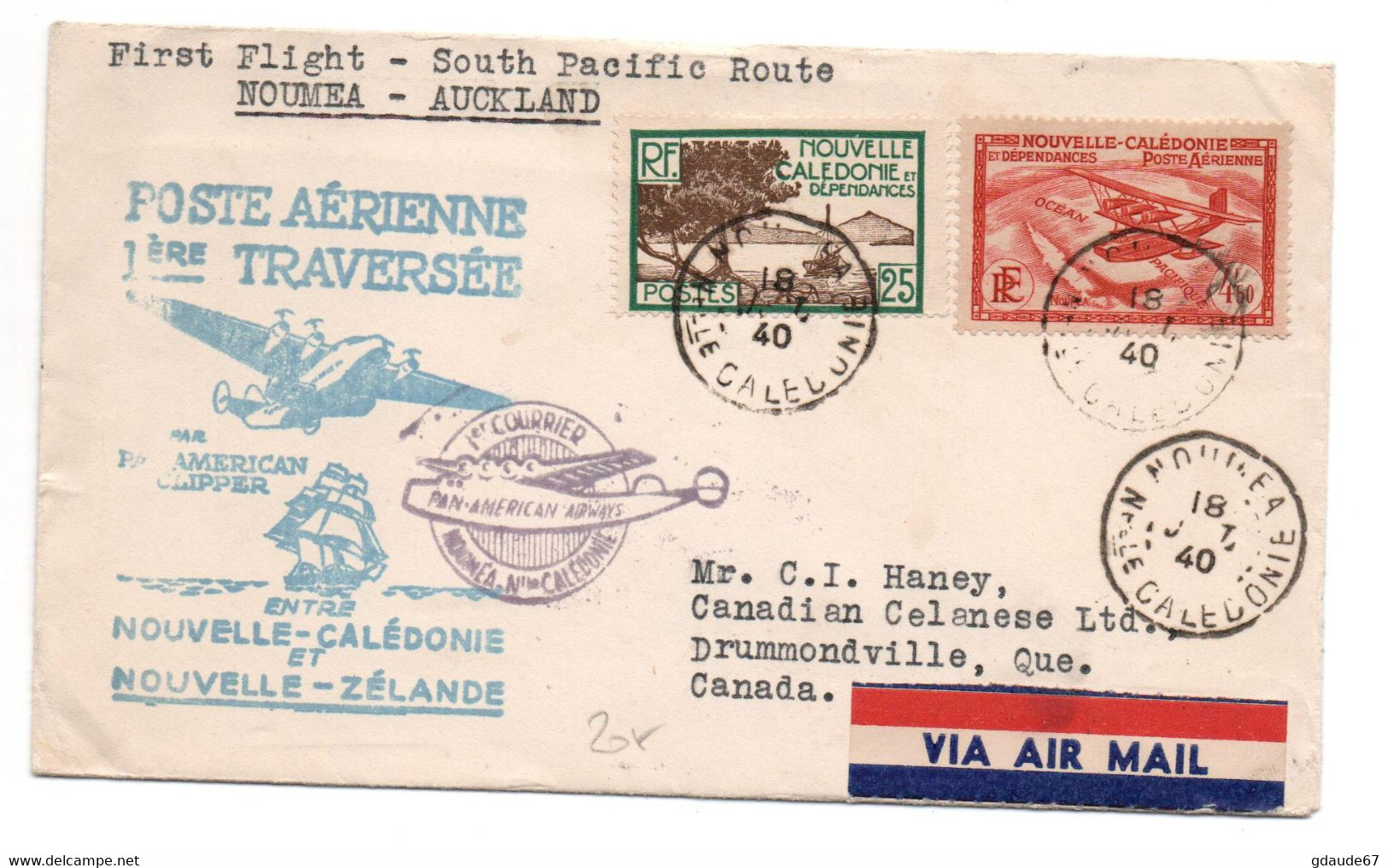 1940 - ENVELOPPE POSTE AERIENNE 1ere PREMIERE TRAVERSEE ENTRE NOUVELLE CALEDONIE ET NOUVELLE ZELANDE - TàD NOUMEA - Covers & Documents