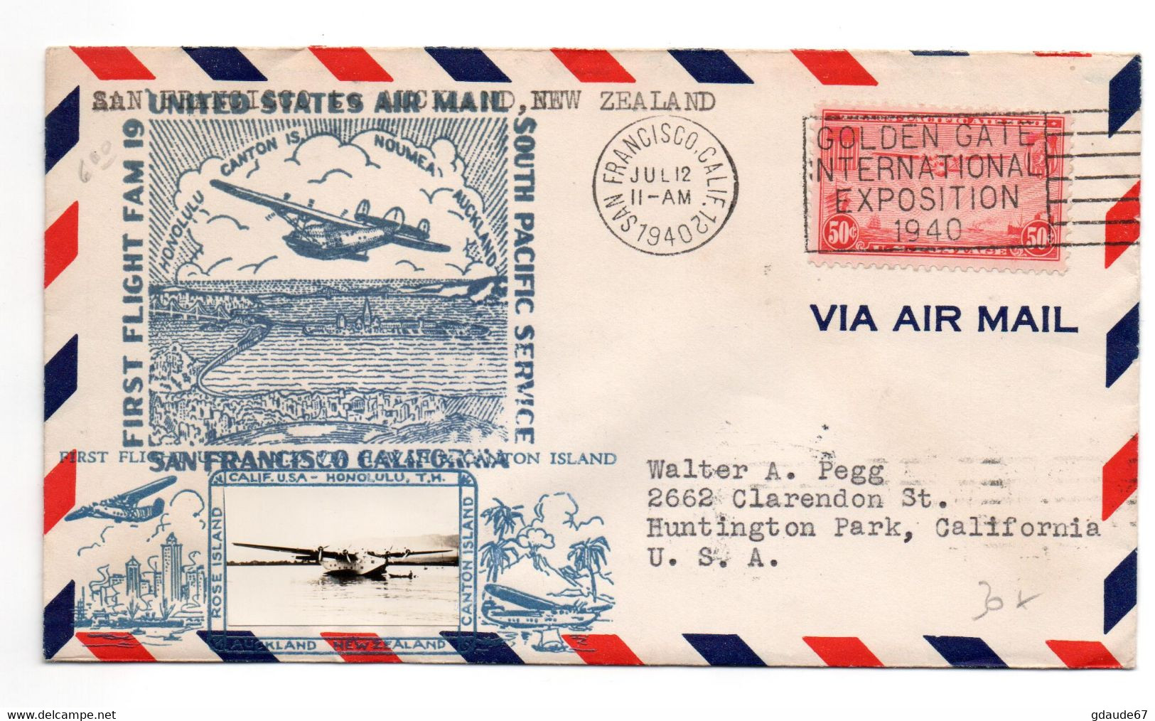 1940 - ENVELOPPE POSTE AERIENNE De SAN FRANCISCO Avec PHOTO HYDRAVION & CACHET FIRST FLIGHT FAM 19 - AVION / AVIATION - 1c. 1918-1940 Lettres