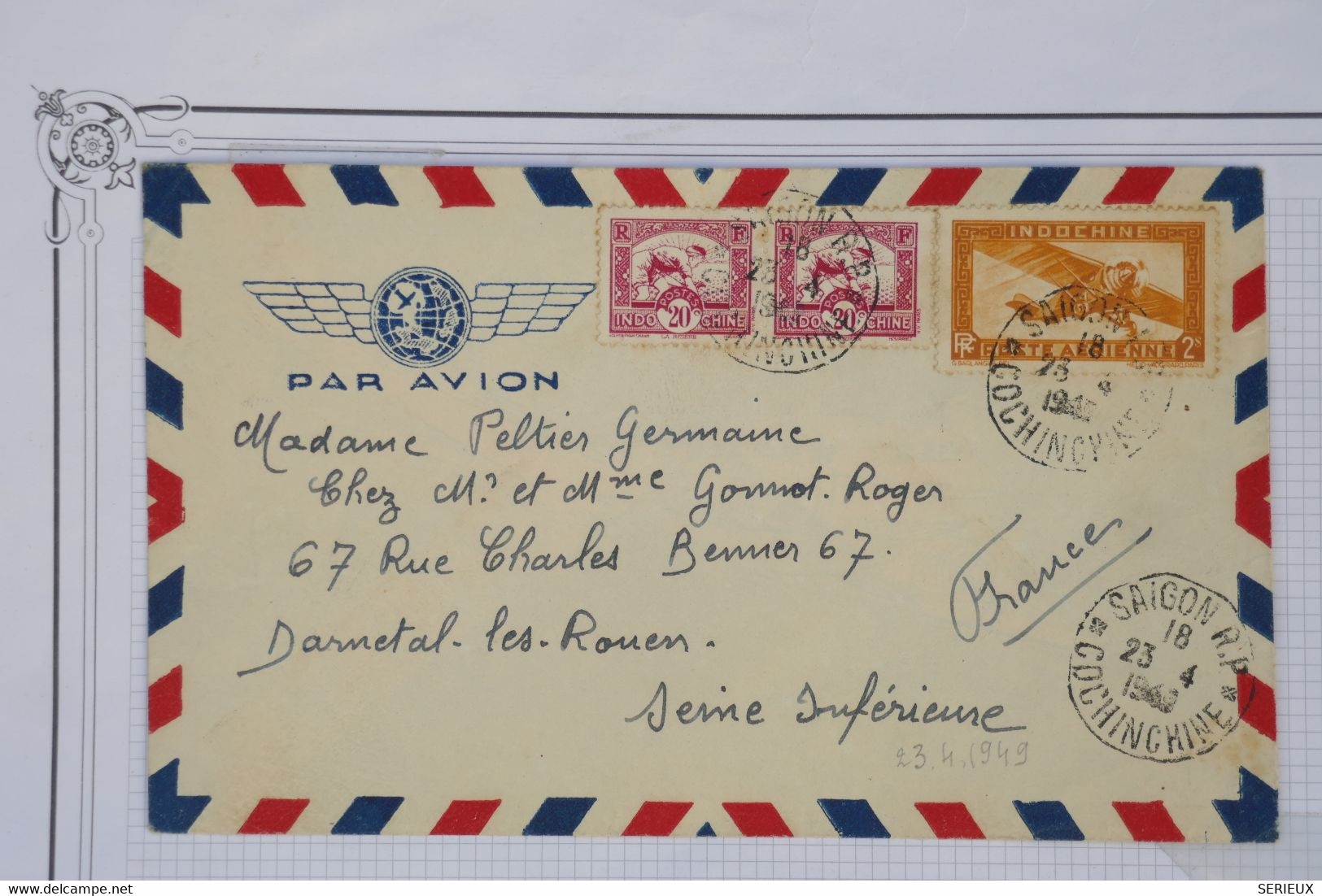 AW8 INDOCHINE   BELLE  LETTRE 1942  SAIGON     A NANTES   FRANCE  +PAIRE DE TP  +AFFRANCHIS.INTERESSANT. - Poste Aérienne