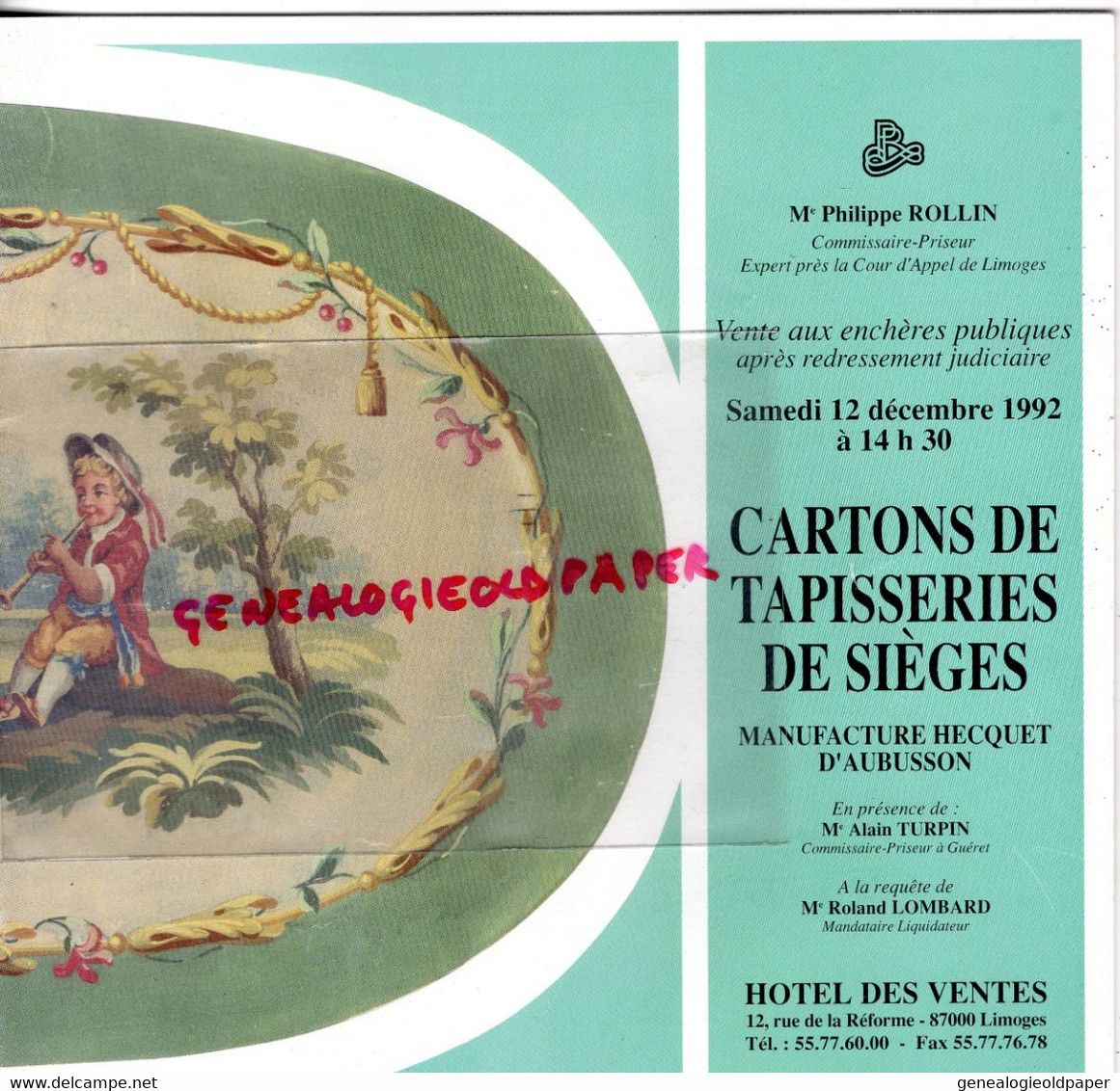 23- AUBUSSON-RARE CATALOGUE  CARTONS TAPISSERIES DE SIEGES-ROLLIN LIMOGES 1992- - Limousin