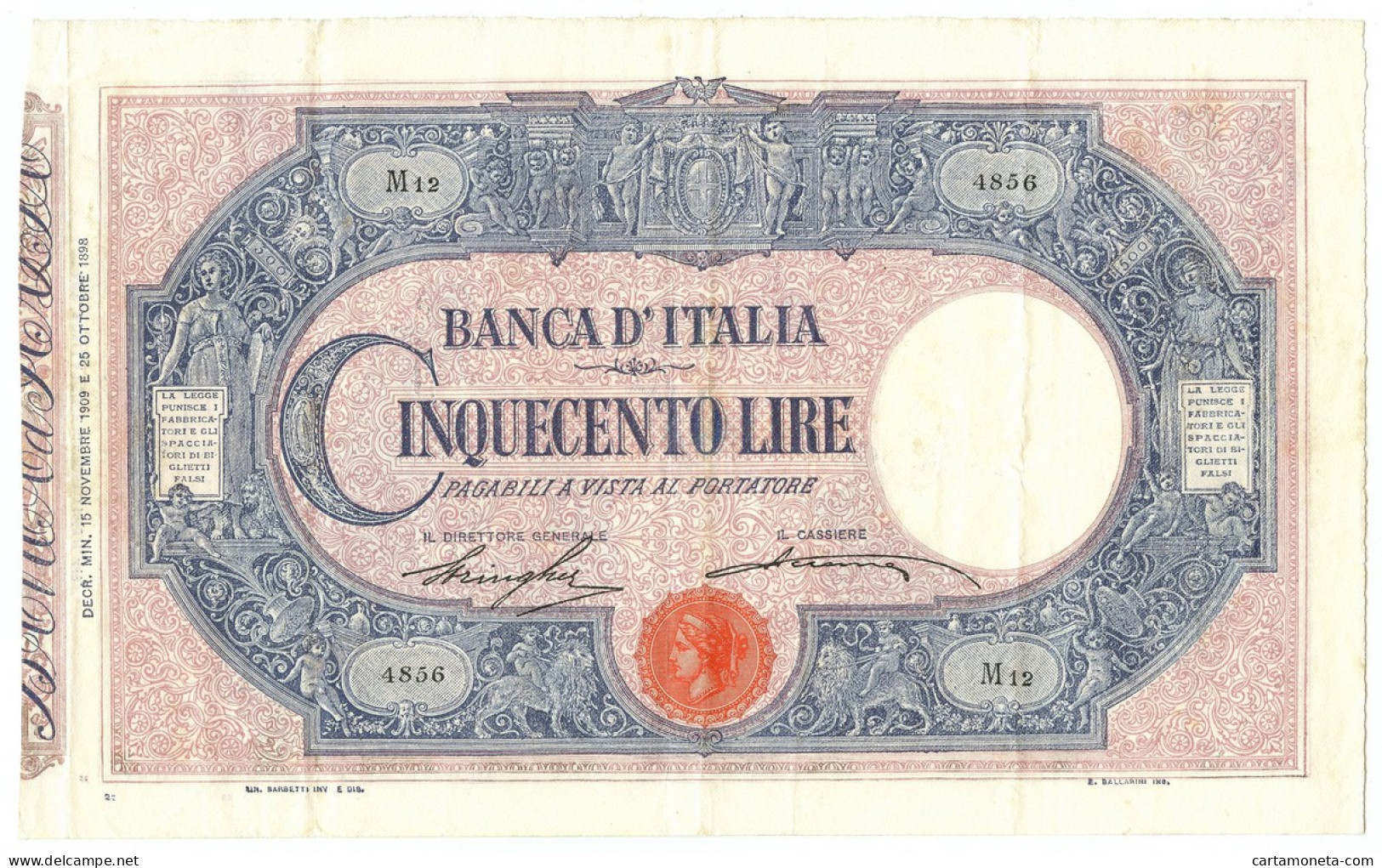 500 LIRE BARBETTI GRANDE C MATRICE LATERALE TESTINA DECRETO 15/11/1909 BB/SPL - Regno D'Italia - Altri