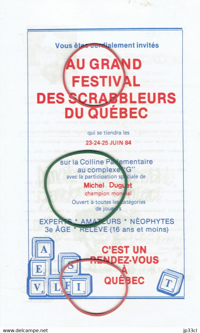 ScrabbIe, Esso, Manoir Charest : Invitation Au Grand Festival Des Scrabbleurs Du Québec (1984) Fascicule De 8 Pages - Documents Historiques