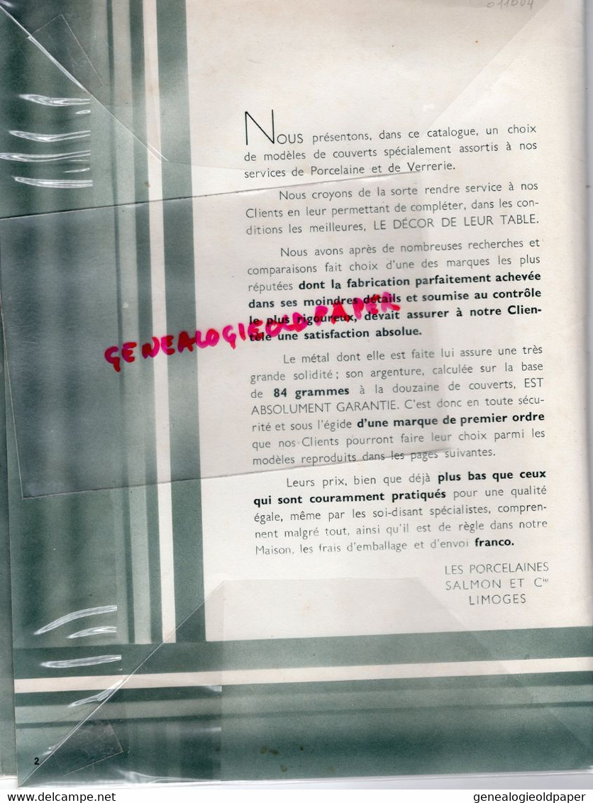 87- LIMOGES - RARE CATALOGUE PORCELAINE SALMON-ORFEVRERIE-TARIF SERVICES 1937-PANAZOL-CHAPTELAT-BEAUNE-NIEUL- - Limousin