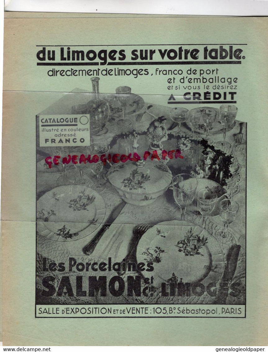 87- LIMOGES - RARE CATALOGUE PORCELAINE SALMON-ORFEVRERIE-TARIF SERVICES 1937-PANAZOL-CHAPTELAT-BEAUNE-NIEUL-