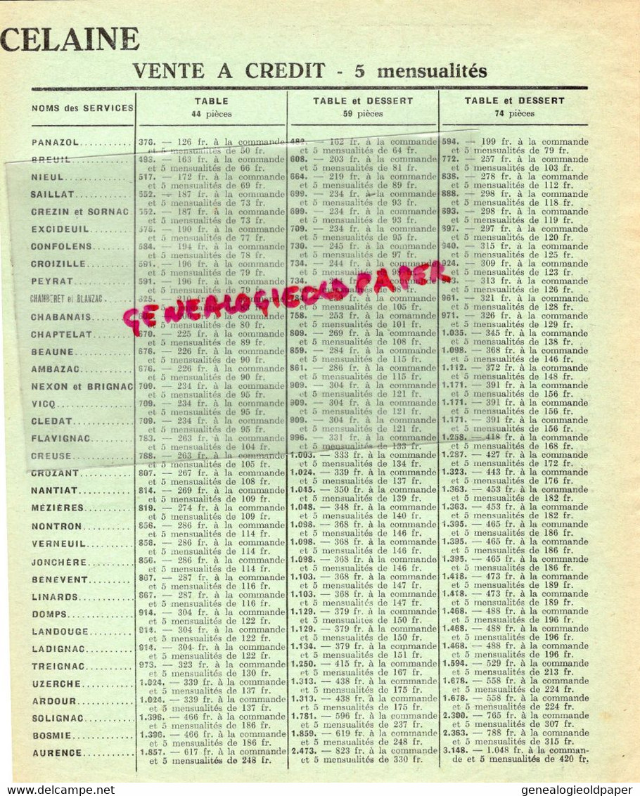 87- LIMOGES - RARE CATALOGUE PORCELAINE SALMON-ORFEVRERIE-TARIF SERVICES 1937-PANAZOL-CHAPTELAT-BEAUNE-NIEUL-