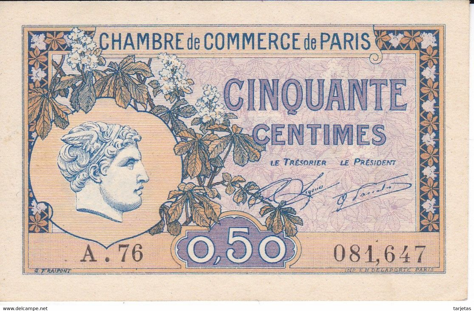 BILLETE DE FRANCIA DE CHAMBRE DE COMMERCE DE PARIS 50 CENTIMES DEL AÑO 1922 SIN CIRCULAR (UNC) - Chambre De Commerce