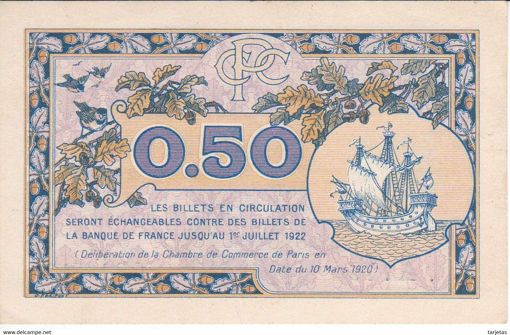 BILLETE DE FRANCIA DE CHAMBRE DE COMMERCE DE PARIS 50 CENTIMES DEL AÑO 1922 SIN CIRCULAR (UNC) - Chambre De Commerce