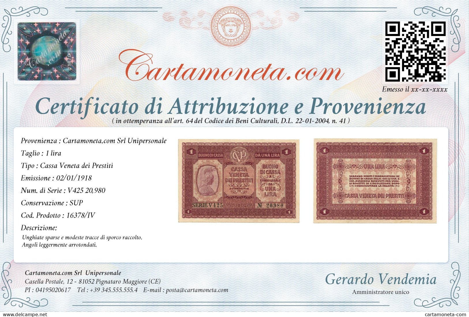 1 LIRA CASSA VENETA DEI PRESTITI OCCUPAZIONE AUSTRIACA 02/01/1918 SUP - Occupation Autrichienne De Venezia