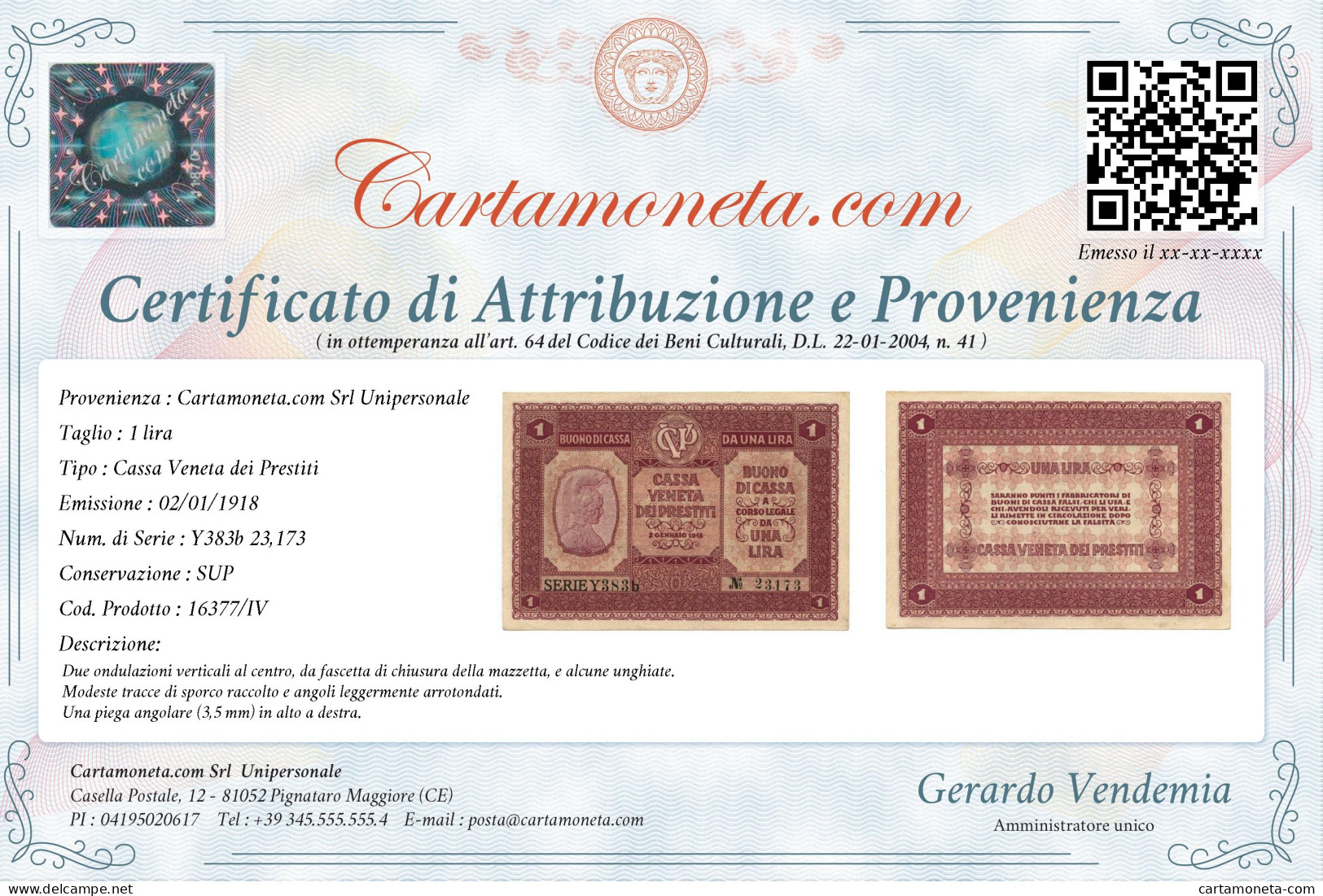 1 LIRA CASSA VENETA DEI PRESTITI OCCUPAZIONE AUSTRIACA 02/01/1918 SUP - Besetzung Venezia