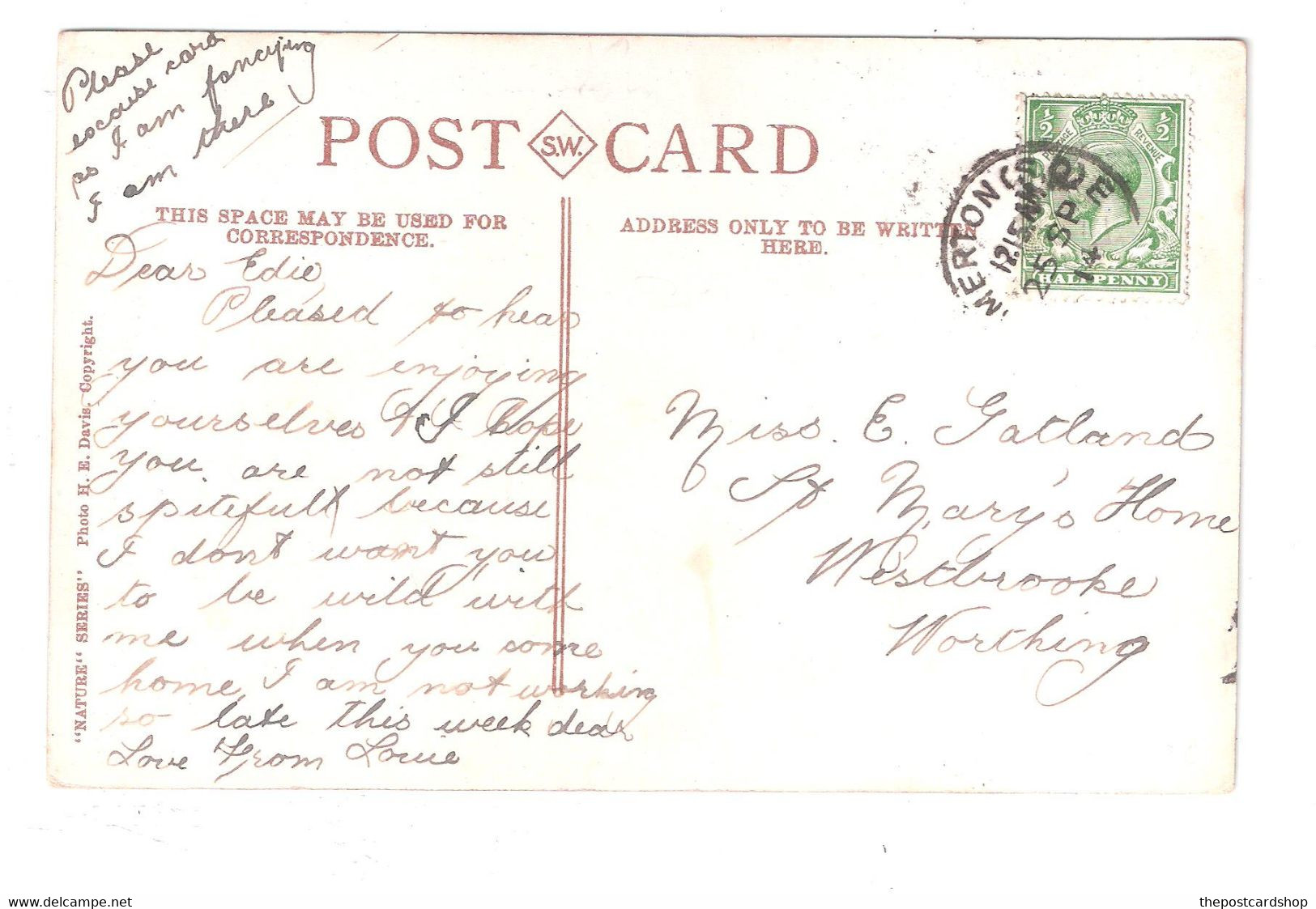 Australia SYDNEY DOUBLE BAY TO MISS E GATLAND ST. MARY'S HOME WESTBROOK WORTHING 1914 POSTMARK - Sydney