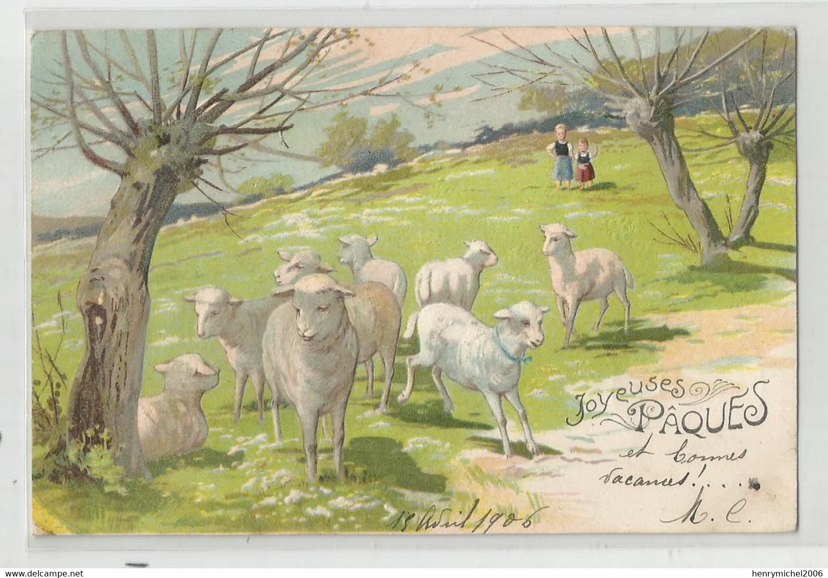Cpa Fantaisie Illustrée Moutons Joyeuses Paques N 5076 Relief - Pâques