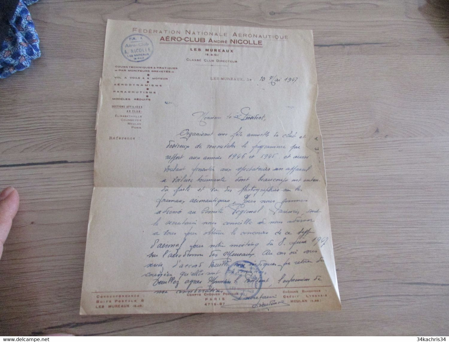 Lettre à En Tête  Signée Aéro Club André Nicolle 1947 Les Mureaux - Autres & Non Classés