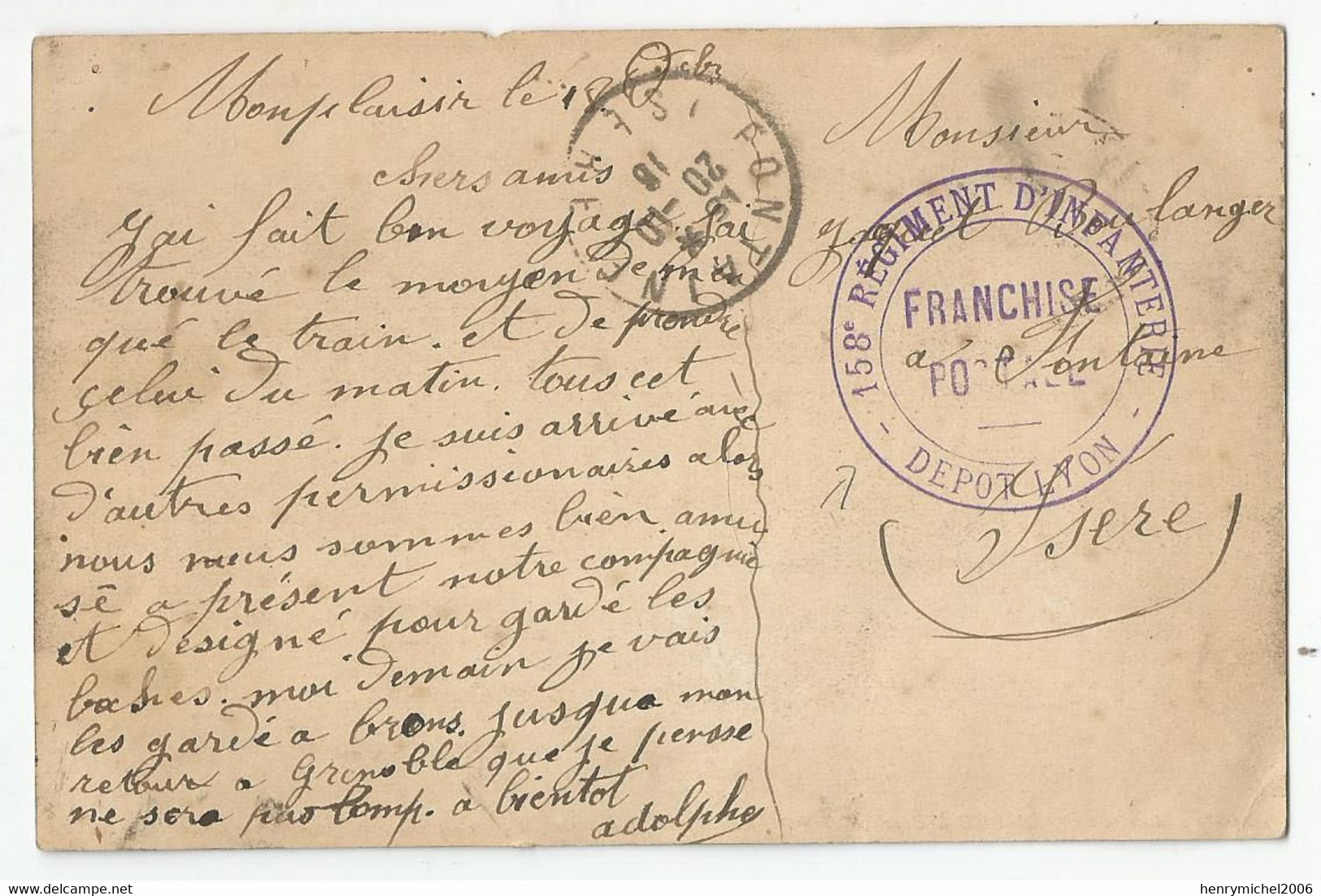 Cpa Marcophilie Cachet 158 E Regiment D'infanterie Dépot Lyon Franchise Postal Pour Fontaine 38 Isère - 1918 - WW I