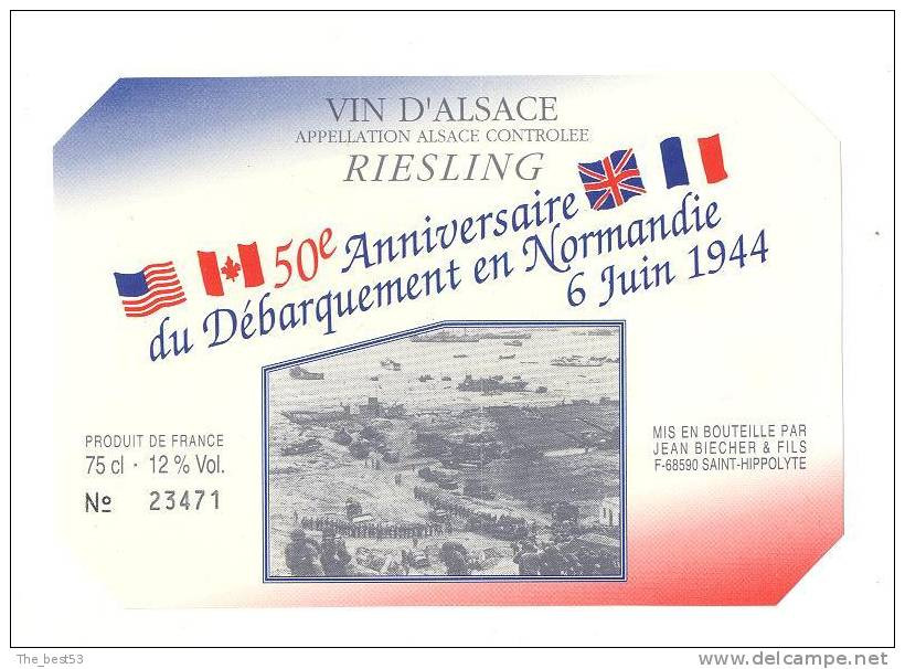 Etiquettes De Vin D'Alsace Riesling-50 éme Anniversaire (Cinquantenaire) Du Débarquemant -J Biecher à St Hippolyte 68 - Cinquantenaire De La Libération