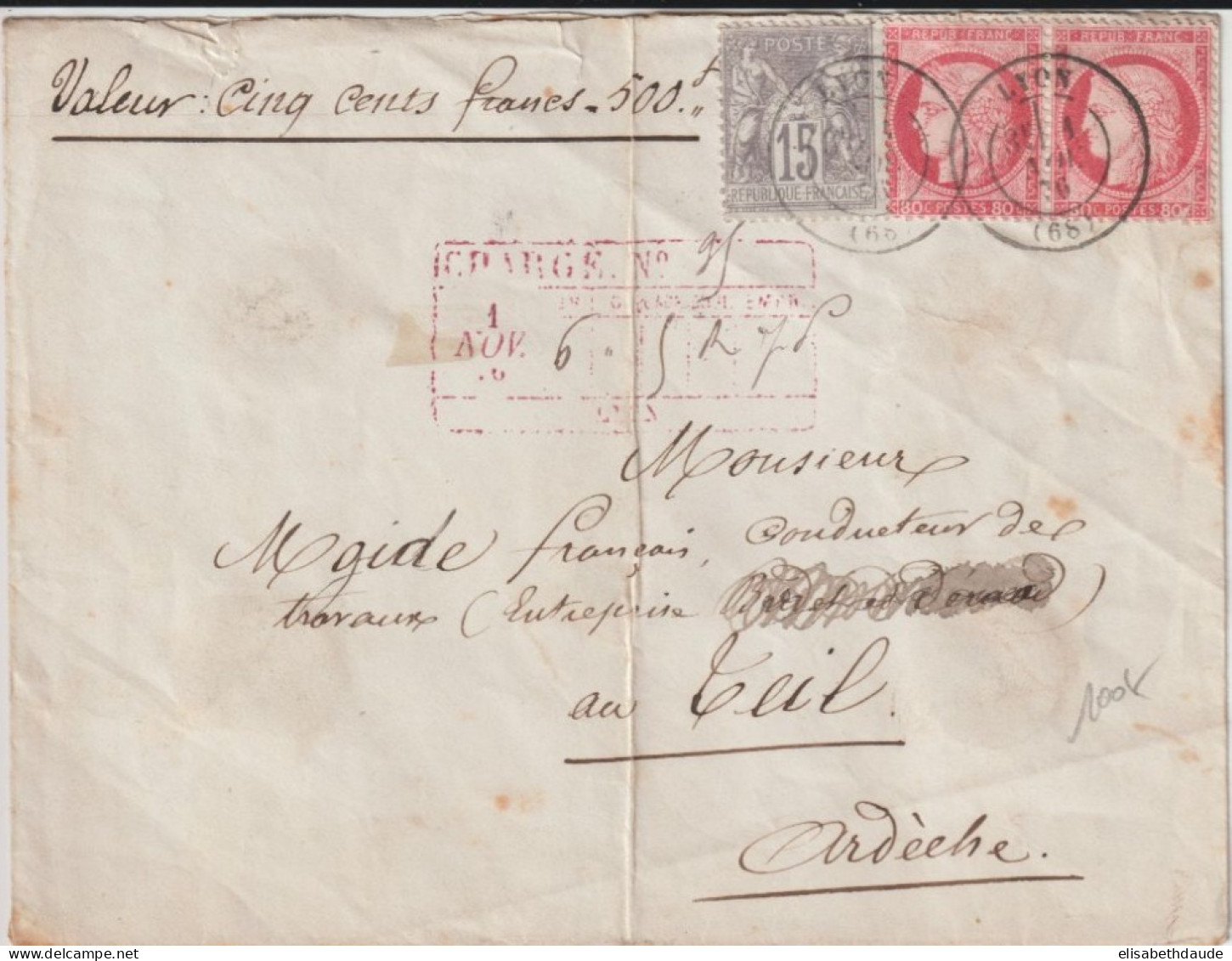 MIXTE CERES / SAGE N/B ! - 1876 - LETTRE CHARGEE ! De LYON => LE TEIL (ARDECHE) - 1871-1875 Ceres