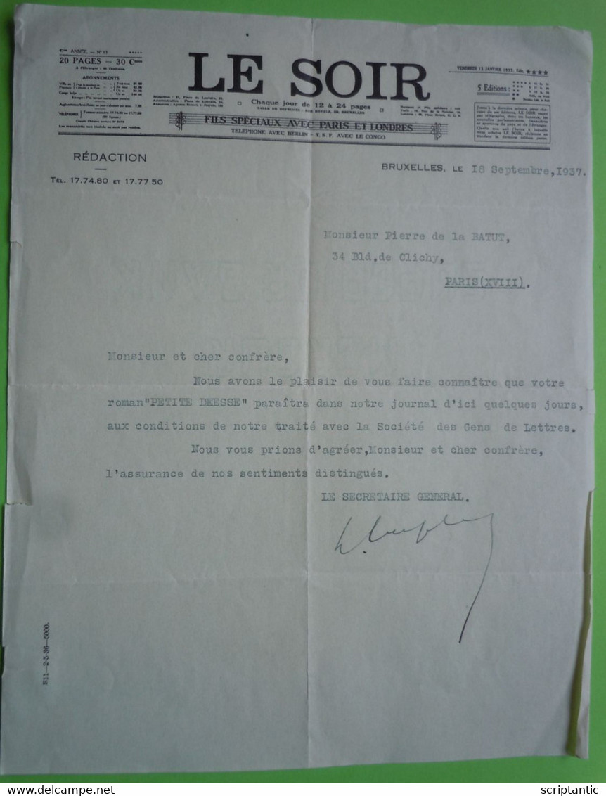 LE SOIR - Journal Belge - Lettre 1937 Au Poète Pierre De La Batut - 1900 – 1949