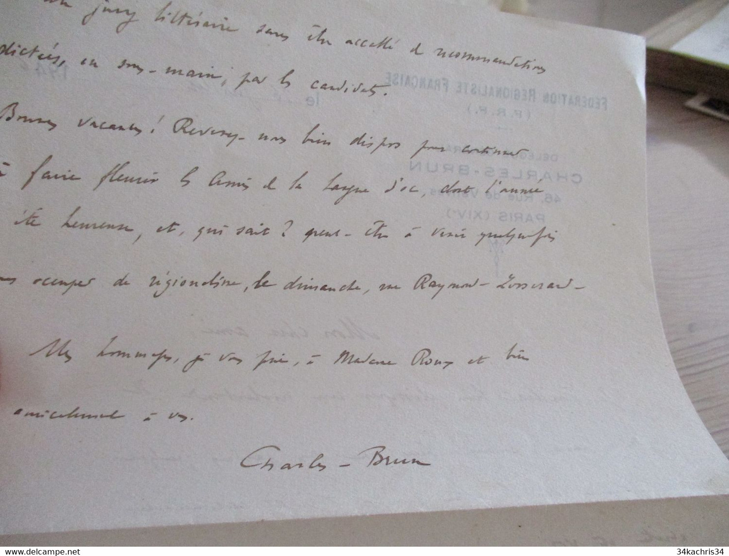 Provençal Félibre Courant Mistral LAS Autographe Signée Charles Brun 1946 F.R.P. - Other & Unclassified