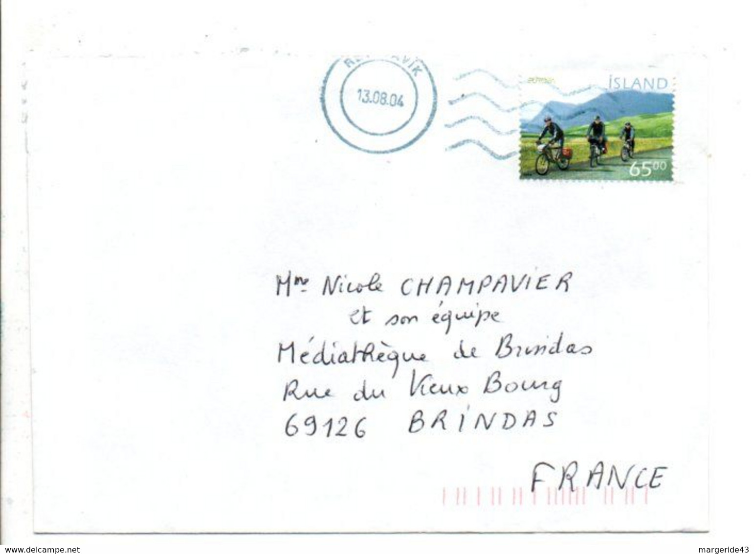 ISLANDE CYCLISME SEUL SUR LETTRE POUR LA FRANCE 2004 - Storia Postale